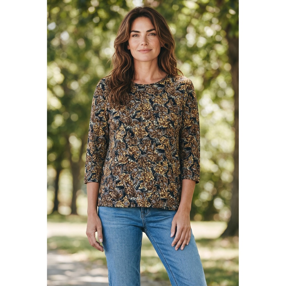 Allison Daley Womens 3/4 Sleeve Abstract Print Scoop Neck Knit Top Gold Brown